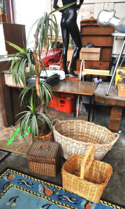 Lot 51 - Lot of Cane Items & Plastic Dragon tree Plant incl Cane Baskets, Ca
