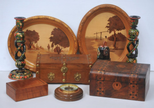 Lot 52 - Group lot Wooden items inc Inlaid Box, Chest box with Brass mounts, Kas
