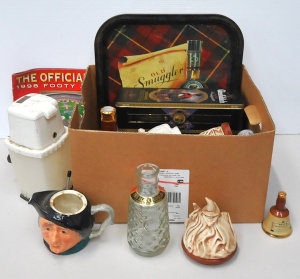 Lot 57 - Box lot of bar items and similar, inc vintage ice crusher, bottles, jug