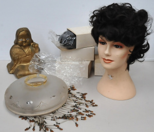 Lot 61 - Box lot inc vintage cut and beaded glass lampshade, erotic geisha statu