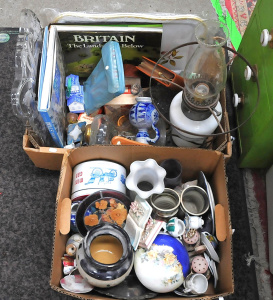 Lot 63 - Mixed lot of 2 boxes inc hand carved red gum bowl, electric converted k