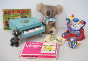 Lot 70 - Small box lot of vintage and retro toys inc mid-century Ezy-Bilt instru