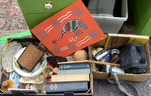 Lot 84 - Mixed lot of 2 boxes inc indigenous acrylic on canvas 30cm H x 40cm W,