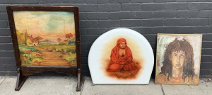 Lot 88 - 3 x pieces - Enamelled Daruma sign, vintage hand painted double sided f