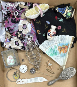 Lot 98 - Mixed grp - small vases, Mason's, Hat pin, carved mop letter opener, c