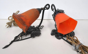 Lot 106 - Pair vintage Wall Mountable Lamps - wrought iron w Grape & Vine dc