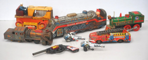 Lot 110 - Group of vintage Japanese and other pressed tin toys inc trains, helic