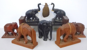 Lot 120 - Group lot of timber elephants inc Vintage ebony elephant gong (39cm W)