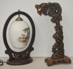 Lot 136 - 2 x vintage Chinese Lamps - heavily carved Wooden Dragon needing Wirin