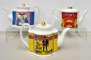 Lot 149 - 3 x Great Tea Merchants ceramic advertising teapots - Lipton's Blue C