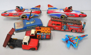 Lot 152 - Box lot of vintage Chinese pressed tin toys inc hover cruiser, fire tr