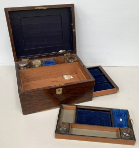 Lot 199 - Vintage writing box with lift out tray, hidden side drawer, inkwells e
