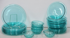 Lot 211 - Italian Bormioli Rocco Teal Glass part Dinner set - inc Plates, side p