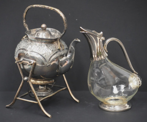 Lot 212 - 2 pces inc EPNS Spirit Kettle & Duck decanter