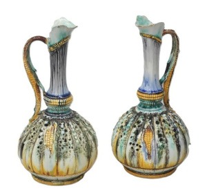Lot 215 - Pair vintage Majolica Corn RSTK Amphora Ewers - Pierced with corn deta