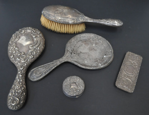 Lot 216 - Grp Sterling silver hmarked items incl Cherub hair brush gc, hand mirr