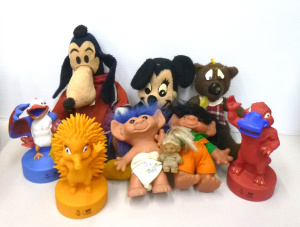 Box Lot of Vintage Toys and Money Boxes inc, Soft Toy Minnie Mouse, Goofy, Humph