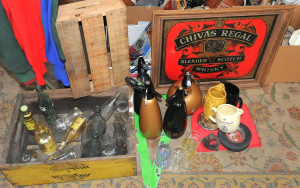 Group Lot of Mixed Bar Items incl Whisky Jugs Olympic Tire Ashtray, Metal Bear W