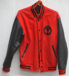 Lot 9 - Vintage Mens Red & Black Varsity Letterman Jacket - Upside down Pea