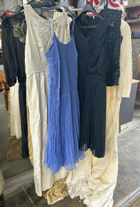 Lot 12 - 6 x vintage dresses - 3 1960s chiffon, black beaded top, 2 cream weddin