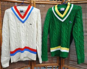 Lot 14 - 2 x vintage Mens Lacoste Izod Cable Knit Jumpers - White w Red & Bl