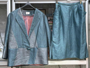 Lot 18 - 1980s Digby's skirt suit - patchwork patterned fabric, lapels to front