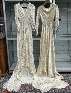 Lot 21 - 2 x 1930s patterned silk satin Wedding gowns - draped, pin tucking etc