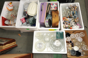 Lot 43 - 5 x Boxes mixed inc Tins, Glass, Crystal, Ceramics, Ornaments, Tupperwa