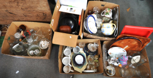 Lot 46 - 6 x Boxes mixed inc Glassware, Ceramics, Jugs, Serving ware, Trays, Mug