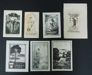 Lot 50 - Group lot of 7 unframed bookplates inc 2 x John Shirlow (1869-1936) for