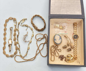 Lot 57 - Box mainly gold tone costume jewellery - chains, necklace, bracelet, br