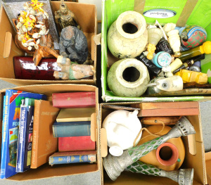 Lot 59 - 4 x Boxes Mixed inc ceramics, carved wooden items, vases, glassware, bo