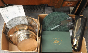 Lot 64 - Lot of 2 boxes of platters, placemats, and serving implements, some box