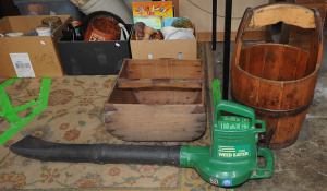 Lot 73 - 2 x Vintage Eastern Wooden Bucket & Basket and Weed Eater Electric