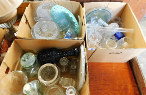 Lot 80 - Large lot of 3 boxes for cut, pressed, engraved, and coloured glass and