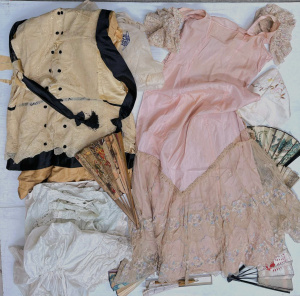 Lot 87 - Grp - 1920s pink satin dress with frills of embroidered net frills (nee