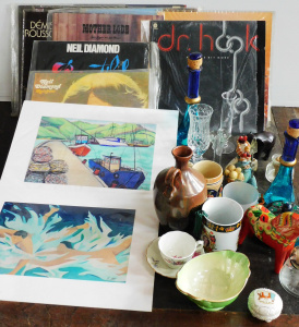 Lot 88 - Mixed Box lot inc Vinyl LP Records, Aust Pottery, Maling Ware Bowl Glas