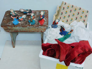 Lot 90 - Mixed lot inc vintage milking stool, hand made Balinese musician orname