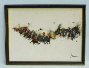 Lot 102 - Brandon Cross (British 20th C) Large framed Oil Painting - Battle scen