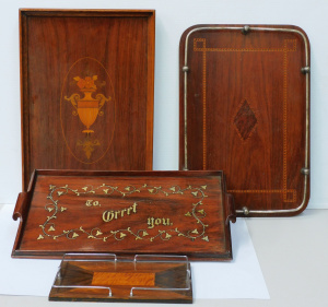 Lot 105 - Group of vintage timber tray with inlay, including brass - largest 53c