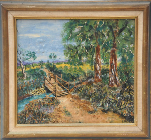 Lot 124 - Sam Shub (1930 - 2015) Framed Enamel Tile - Crossing the Bridge - Sign