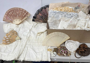 Lot 135 - Grp - box with vintage embroidered and lace work, fans, pin tucked Edw