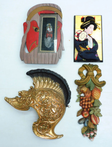 Lot 136 - 4 Vintage wall plaques inc Plaster Fruit 49cm H , American Syracuse Gl