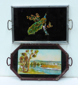 Lot 154 - 2 x Decorative Foil Backed Trays - Peacock on black ground + River Sce