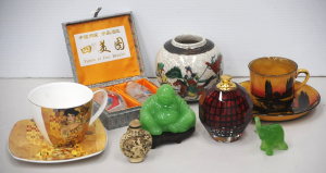 Lot 160 - Lot of Oriental Items incl Coloured Faceted Glass Perfume Bottle, Cups