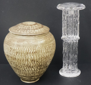Lot 161 - 2 pces inc 1970s Kosta Boda Rurik Pillar Crystal Candle Holder by Ann