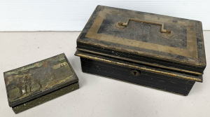 Lot 171 - Small vintage lockbox with change drawer and WWI Camp Pocket Candlesti