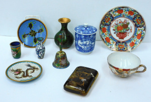 Lot 175 - Group of vintage oriental items inc cloisonne vases, pin dishes, bell,