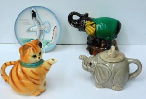 Lot 177 - Animal themed porcelain inc cat and elephant tea pots, elephant statue
