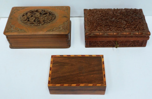 Lot 200 - Group of small carved and inlaid Indian timber boxes - largest 20cm W